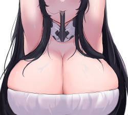 Rule 34 | 1girl, absurdres, armpits, arms up, azur lane, black hair, blush, breasts, cleavage, closed mouth, detached sleeves, dress, head out of frame, highres, huge breasts, indomitable (azur lane), kurarashi, long hair, mouth hold, presenting armpit, simple background, solo, very long hair, white background, white dress