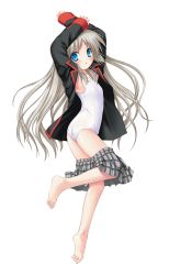 Rule 34 | 1girl, absurdres, armpits, arms up, barefoot, black jacket, blazer, blue eyes, blush, clothes pull, flat chest, from above, grey skirt, highres, jacket, little busters!, long hair, looking at viewer, lying, miniskirt, na-ga, noumi kudryavka, official art, on side, one-piece swimsuit, open clothes, open jacket, open mouth, plaid, plaid skirt, pleated skirt, school swimsuit, school uniform, silver hair, simple background, skirt, skirt pull, solo, swimsuit, very long hair, white background, white one-piece swimsuit, white school swimsuit