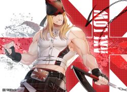 Rule 34 | 1boy, 700hash, absurdres, axl low, bandana, black gloves, blonde hair, blue eyes, fingerless gloves, gloves, guilty gear, guilty gear strive, highres, kama (weapon), kusarigama, long hair, looking to the side, male focus, muscular, muscular male, sickle, union jack, upper body, weapon