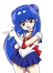 Rule 34 | 1girl, bishoujo senshi sailor moon, blue hair, blue sailor collar, blue skirt, bow, breasts, choker, choko (20040421), cleavage, cosplay, cowboy shot, crossover, cyocomi3, double bun, elbow gloves, female focus, gloves, hair bobbles, hair bun, hair ornament, hair ribbon, leotard, long hair, looking at viewer, magical girl, miniskirt, official style, open mouth, pleated skirt, purple eyes, ranma 1/2, red bow, red eyes, ribbon, sailor, sailor collar, sailor moon, sailor moon (cosplay), shampoo (ranma 1/2), short sleeves, simple background, skirt, solo, standing, thighhighs, twintails, upper body, white background, white gloves, white leotard
