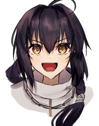 Rule 34 | 1other, :d, ahoge, androgynous, black hair, brown eyes, commentary, fate/samurai remnant, fate (series), high collar, highres, izanaware game, japanese clothes, jewelry, long bangs, looking at viewer, necklace, open mouth, yamato takeru (fate), shirt, smile, solo, white background, white shirt