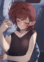 Rule 34 | 1girl, 92m, ahoge, blush, breasts, brown shirt, closed eyes, commentary request, fingernails, highres, kinshi no ane (92m), large breasts, lying, on side, original, parted lips, pillow, red hair, shirt, short hair, sleeping, sleeveless, sleeveless shirt, solo, sweat, translation request
