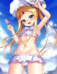 Rule 34 | 1girl, abigail williams (fate), abigail williams (swimsuit foreigner) (fate), arm up, armpits, bad id, bad pixiv id, bikini, bikini skirt, blonde hair, blue eyes, bonnet, breasts, cloud, fate/grand order, fate (series), food, forehead, gluteal fold, hand on headwear, hat, highres, keyhole, long hair, mannack, miniskirt, navel, open mouth, outdoors, popsicle, skirt, sky, small breasts, smile, solo, swimsuit, thighs, white bikini, white hat, white skirt