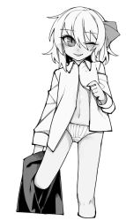Rule 34 | 1girl, bad id, bad twitter id, blush, bow, collared shirt, greyscale, hair between eyes, hair bow, long sleeves, looking at viewer, monochrome, navel, one eye closed, panties, rumia, shamo (koumakantv), shirt, short hair, simple background, skirt, unworn skirt, slit pupils, smile, solo, tongue, tongue out, touhou, underwear, white background