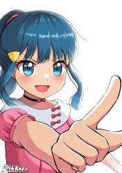 Rule 34 | 1girl, absurdres, blue eyes, blue hair, bow choker, choker, creatures (company), dawn (pokemon), dress, game freak, hair ornament, hairclip, highres, hikari (knuckles97), long hair, nintendo, official alternate costume, open mouth, pink dress, pointing, pokemon, pokemon (anime), pokemon dppt (anime), ponytail, short sleeves, simple background, smile, solo, white background