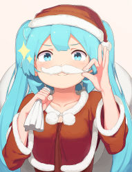 Rule 34 | 1girl, abmayo, absurdres, aqua eyes, blue eyes, blush, breasts, christmas, collarbone, commentary request, dress, fake facial hair, fake mustache, fur-trimmed headwear, fur-trimmed sleeves, fur trim, hands up, hat, hatsune miku, highres, holding, long hair, long sleeves, looking at viewer, red dress, sack, santa costume, santa hat, simple background, small breasts, smile, solo, twintails, upper body, vocaloid