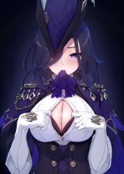 Rule 34 | 1girl, akita hika, ascot, black bra, blue capelet, blue dress, blue hat, blush, bra, breasts, button gap, capelet, cleavage, clorinde (genshin impact), corset, dress, earrings, elbow gloves, epaulettes, genshin impact, gloves, hair ribbon, hat, highres, jewelry, large breasts, long hair, long sleeves, looking at viewer, mouth hold, parted bangs, ponytail, purple eyes, purple hair, ribbon, solo, tricorne, underwear, white gloves