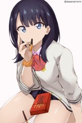 Rule 34 | 1girl, black hair, black skirt, blue eyes, blush, bow, cardigan, closed mouth, collared shirt, commentary request, food, food in mouth, grey background, gridman universe, hand up, long hair, looking at viewer, miniskirt, mouth hold, orange scrunchie, pink shirt, pleated skirt, pocky, red bow, scrunchie, shirt, simple background, skirt, solo, ssss.gridman, takarada rikka, tasora, twitter username, white cardigan, wrist scrunchie