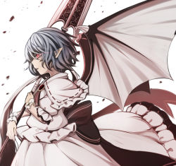 Rule 34 | 1girl, bat wings, blue hair, brooch, capelet, commentary request, glowing, glowing eyes, jewelry, pointy ears, profile, puffy short sleeves, puffy sleeves, red eyes, remilia scarlet, short sleeves, simple background, skirt, solo, spear the gungnir, tamahana, touhou, wavy hair, white background, wings, wrist cuffs