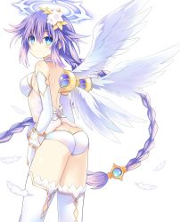 Rule 34 | 1girl, ass, bare shoulders, blue eyes, blush, braid, breasts, butt crack, feathered wings, flower, four goddesses online: cyber dimension neptune, from behind, gold trim, hair flower, hair ornament, halo, highres, leotard, long hair, looking at viewer, looking back, medium breasts, neptune (series), power symbol, power symbol-shaped pupils, purple hair, purple heart (neptunia), simple background, smile, solo, symbol-shaped pupils, thighhighs, twin braids, twintails, very long hair, white background, white leotard, white thighhighs, white wings, wings, zero (ray 0805)