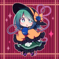 Rule 34 | 1girl, bad id, bad twitter id, black footwear, black hat, blue flower, blue rose, bow, floral print, flower, footwear bow, frilled shirt, frilled skirt, frills, full body, green eyes, green hair, green skirt, hair over one eye, hat, hat bow, hat flower, heart, heart-shaped pupils, heart of string, holding, komeiji koishi, long sleeves, looking at viewer, outline, red background, rose, rose print, shirt, short hair, skirt, solo, striped, striped background, symbol-shaped pupils, third eye, touhou, wide sleeves, yellow bow, yellow shirt, you (noanoamoemoe)