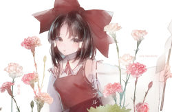 Rule 34 | 1girl, artist name, bow, brown hair, collar, detached sleeves, flower, frilled collar, frills, gin fragrans, gohei, green eyes, hair bow, hair tubes, hakurei reimu, outstretched arm, parted bangs, red bow, red neckwear, red shirt, red skirt, rose, shirt, short hair, simple background, skirt, skirt set, sleeveless, sleeveless shirt, touhou, white background, wide sleeves