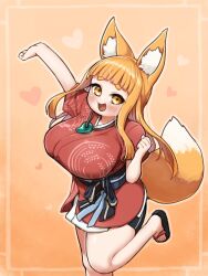 Rule 34 | 1girl, :d, absurdres, animal ear fluff, animal ears, black footwear, black shorts, blonde hair, blush, breasts, brown background, brown eyes, commentary request, feet out of frame, fox ears, fox girl, fox tail, heart, heart background, highres, ichika (ichika manga), japanese clothes, jewelry, kimono, large breasts, long hair, looking at viewer, magatama, magatama necklace, necklace, open mouth, original, outstretched arm, red kimono, sandals, short eyebrows, short shorts, short sleeves, shorts, smile, solo, standing, standing on one leg, tail, thick eyebrows, very long hair, zouri
