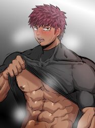 Rule 34 | 1boy, abs, bara, bare pectorals, blush, clothes lift, dark-skinned male, dark skin, highres, karf, large pectorals, lifted by self, looking at viewer, male focus, muscular, muscular male, navel, nipples, original, pectorals, purple hair, sanpaku, shirt lift, short hair, solo, steaming body, stomach, sweat, thick eyebrows, undressing, very sweaty