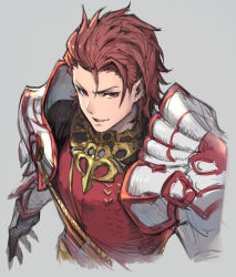 Rule 34 | 1boy, armor, gauntlets, granblue fantasy, grey background, haoni, looking at viewer, male focus, parted lips, pauldrons, percival (granblue fantasy), red eyes, red hair, shoulder armor, simple background, smile, solo, upper body
