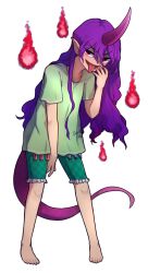 Rule 34 | 1girl, barefoot, full body, green shirt, green shorts, horns, long hair, open mouth, purple hair, purple horns, red eyes, shirt, short sleeves, shorts, single horn, smirk, solo, speckticuls, syringe, tail, tenkajin chiyari, test tube, tongue, tongue out, touhou, unfinished dream of all living ghost
