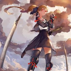 Rule 34 | 1girl, adjusting clothes, adjusting gloves, belt, black skirt, black thighhighs, blade, blonde hair, boots, bow, closed mouth, cloud, cloudy sky, commentary request, day, feet out of frame, from below, gloves, hair bow, jacket, katana, knee boots, knee pads, kureta (nikogori), looking at viewer, looking down, neck ribbon, open clothes, open jacket, original, outdoors, ponytail, red eyes, red ribbon, ribbon, sheath, sheathed, shirt, skirt, sky, solo, standing, sword, thighhighs, thighhighs under boots, weapon, white shirt