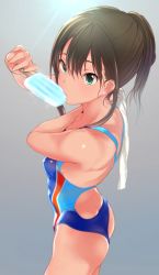Rule 34 | 10s, 1girl, blush, competition swimsuit, cosplay, double bun, earrings, food, green eyes, highres, idolmaster, idolmaster cinderella girls, idolmaster cinderella girls starlight stage, jewelry, looking at viewer, nitta minami, nitta minami (cosplay), one-piece swimsuit, popsicle, q (ed69), shibuya rin, solo, swimsuit, towel