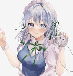 Rule 34 | 1girl, blue dress, blue eyes, braid, dress, green ribbon, hair ribbon, hands up, highres, holding, holding pocket watch, izayoi sakuya, long hair, looking at viewer, maid, maid headdress, maruro, pocket watch, ribbon, silver hair, simple background, solo, touhou, upper body, white background, white wristband