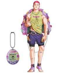 Rule 34 | 1boy, aqua eyes, bandaid, bandaid on leg, blue shorts, clothes lift, earrings, flower, full body, highres, jacket, jacket on shoulders, jewelry, male focus, necklace, original, pectorals, personification, pink hair, pink jacket, print shirt, red flower, rinotuna, shirt, shirt lift, short hair, shorts, sidepec, sleeveless, sleeveless shirt, solo, standing, tamagotchi, tattoo, very short hair, white flower, yellow flower