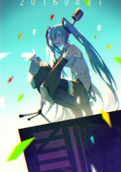 Rule 34 | 1girl, aqua eyes, aqua hair, bad id, bad pixiv id, bare shoulders, black skirt, black thighhighs, confetti, dated, detached sleeves, grey shirt, hair ribbon, hatsune miku, headset, long hair, looking at viewer, lor968, microphone, microphone stand, necktie, open mouth, pleated skirt, ribbon, shirt, skirt, smile, solo, squatting, striped ribbon, thighhighs, tiptoes, twintails, vocaloid, waving, wide sleeves, zettai ryouiki