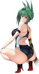 Rule 34 | 1girl, ass, back, bare shoulders, black one-piece swimsuit, blue eyes, blush, breasts, cleavage, competition swimsuit, green hair, halcon, high heels, highleg, highleg swimsuit, highres, large breasts, long hair, looking at viewer, looking back, one-piece swimsuit, shaman king, simple background, sitting, smile, solo, squatting, swimsuit, tao jun