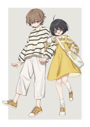 Rule 34 | 1boy, 1girl, :d, ahoge, amatori chika, bag, black hair, bob cut, brown hair, dress, ema yuzuru, full body, green eyes, grey background, hand on another&#039;s arm, holding another&#039;s arm, long sleeves, matching outfits, open mouth, pants, pinafore dress, purple eyes, shoes, short hair, shoulder bag, shuijiao tu, sleeveless, sleeveless dress, smile, sneakers, striped clothes, striped sweater, sweater, turtleneck, turtleneck sweater, walking, white legwear, white pants, world trigger, yellow dress, yellow footwear