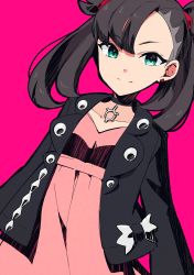 Rule 34 | 1girl, absurdres, asymmetrical bangs, black choker, black jacket, brown hair, choker, closed mouth, creatures (company), game freak, green eyes, high-waist skirt, highres, jacket, long hair, long sleeves, looking at viewer, marnie (pokemon), nintendo, open clothes, open jacket, pink background, pink shirt, pink skirt, pokemon, pokemon swsh, shirt, skirt, smile, solo, standing, yuihico