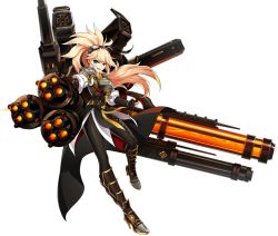 Rule 34 | 1girl, :d, armor, artist request, black footwear, black gloves, black pantyhose, blonde hair, blue eyes, boots, elsword, fingerless gloves, full body, gloves, goggles, goggles on head, gun, knee boots, long hair, looking at viewer, machine gun, messy hair, official art, open mouth, pantyhose, rose (elsword), shirt, smile, solo, storm trooper (elsword), transparent background, weapon