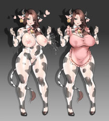 Rule 34 | 1girl, animal ears, animal print, apron, bell, breasts, breasts apart, brown hair, cleft of venus, costume, cow ears, cow print, cow tail, ear tag, female focus, gradient background, hair over breasts, hair over one breast, heart, highres, horns, lactation, large breasts, long hair, mole, multiple views, pussy, ribbon, see-through, tail, thick thighs, thighs, wide hips