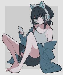 Rule 34 | 1girl, absurdres, animal ear headphones, animal ears, armpit crease, bare legs, barefoot, black hair, blue eyes, blue jacket, border, camisole, cat ear headphones, cellphone, collarbone, expressionless, fake animal ears, feet, full burrrrrrst, grey background, headphones, highres, holding, holding phone, jacket, knees apart feet together, knees up, legs, looking at viewer, off shoulder, on floor, open clothes, open jacket, original, phone, sidelocks, sitting, smartphone, solo, toenails, toes, tsurime, white border, white camisole