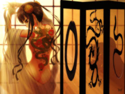 Rule 34 | 1girl, ass, back, back tattoo, backlighting, backpiece, boku wa tenshi janai yo, brown eyes, brown hair, female focus, from behind, full-body tattoo, miyu (vampire princess miyu), nude, sapporo momoko, solo, tattoo, twintails, undressing, vampire princess miyu, window, zakuro (bokuten)