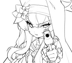 Rule 34 | 1girl, angry, animal ear headwear, blue archive, coif, desert eagle, fake animal ears, flower, frilled sleeves, frills, greyscale, gun, habit, halo, handgun, hat, hat flower, highres, holding, holding gun, holding weapon, honi (honi1010), long hair, long sleeves, looking at viewer, mari (blue archive), monochrome, neckerchief, nun, open mouth, sailor collar, simple background, solo, upper body, weapon, white background
