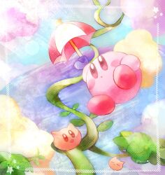 Rule 34 | :d, :o, arm up, artist name, bean stalk, blush, blush stickers, closed eyes, closed mouth, cloud, commentary request, day, fang, highres, holding, holding umbrella, kirby, kirby (series), leaf, lens flare, light rays, looking at another, looking up, nintendo, no humans, open mouth, outdoors, parasol, parasol kirby, scarfy, smile, star (symbol), stern (stern dream), sunlight, umbrella, water