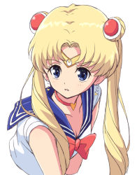 Rule 34 | 1girl, bishoujo senshi sailor moon, blonde hair, blue eyes, blue sailor collar, breasts, choker, cleavage, collarbone, crescent, crescent earrings, derivative work, diadem, double bun, earrings, heart, heart choker, highres, jewelry, long hair, mel (melty pot), meme, red choker, sailor collar, sailor moon, sailor moon redraw challenge (meme), simple background, solo, tsukino usagi, twintails, upper body, white background
