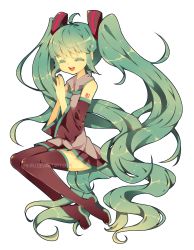 Rule 34 | 1girl, bad id, bad pixiv id, boots, detached sleeves, closed eyes, green hair, hatsune miku, highres, long hair, necktie, open mouth, pikiru, skirt, solo, thigh boots, thighhighs, twintails, very long hair, vocaloid