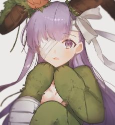 Rule 34 | 1girl, eyepatch, fate (series), female focus, highres, horns, kingprotea (fate), matching hair/eyes, mittens, moss, open mouth, purple eyes, purple hair, smile, solo