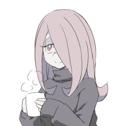 Rule 34 | 1girl, coffee mug, commentary request, cup, hair over one eye, half-closed eyes, holding, holding cup, little witch academia, long hair, lowres, mug, official style, pale skin, pink hair, red eyes, satochi, simple background, smile, solo, steam, sucy manbavaran, sweater, upper body, white background