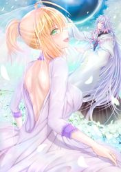 Rule 34 | 1boy, 1girl, :d, absurdly long hair, ahoge, artoria pendragon (all), artoria pendragon (fate), backless dress, backless outfit, blonde hair, brown eyes, dress, fate/grand order, fate (series), field, flower, flower field, from behind, green eyes, hair between eyes, hair ornament, highres, jewelry, long hair, long sleeves, merlin (fate/prototype), open mouth, outdoors, penguintake, ponytail, ring, saber lily, sidelocks, silver hair, smile, very long hair, wedding band, white dress, white flower