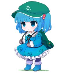 Rule 34 | 1girl, bag, blue eyes, blue footwear, blue hair, blue shirt, blue skirt, blunt bangs, boots, chibi, closed mouth, collared shirt, frills, full body, gloves, green bag, green hat, grey gloves, hair bobbles, hair ornament, hands up, hat, jewelry, kawashiro nitori, key, key necklace, long sleeves, looking to the side, necklace, pantyhose, pocket, puffy long sleeves, puffy sleeves, purple pantyhose, rei (tonbo0430), shadow, shirt, short hair, short twintails, sidelocks, simple background, skirt, skirt set, smile, solo, standing, touhou, twintails, white background