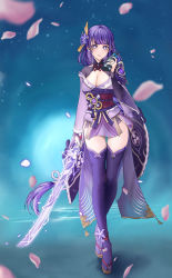Rule 34 | 1girl, absurdres, armor, blunt bangs, blurry, bottle, bow, braid, breasts, bridal gauntlets, cleavage, commentary request, depth of field, falling petals, full body, genshin impact, gradient background, hair bow, hair ornament, hair ribbon, highres, holding, holding bottle, holding sword, holding weapon, japanese clothes, katana, ki-16, large breasts, long hair, long sleeves, looking at viewer, low-tied long hair, low ponytail, milk bottle, mitsudomoe (shape), musou isshin (genshin impact), nail polish, obi, obiage, parted lips, petals, raiden shogun, ribbon, sash, shoulder armor, sidelocks, simple background, single braid, solo, sword, tomoe (symbol), walking, weapon, wide sleeves