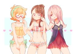 Rule 34 | 10s, 3girls, babydoll, bikini, blush, bow, breasts, brown hair, cleavage, collarbone, closed eyes, freckles, frilled bikini, frills, glasses, groin, hair bow, hair over one eye, hairband, heart, kagari atsuko, kiocotton, lingerie, little witch academia, long hair, lotte jansson, multiple girls, navel, nightgown, open mouth, orange hair, pink hair, red eyes, short hair, simple background, smile, sucy manbavaran, swimsuit, underwear