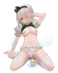 Rule 34 | 1girl, areola slip, arm support, bandaid, bandaids on nipples, black hairband, blush, breasts, breasts out, chinese commentary, clothes lift, covering own eyes, crexby, cup, frilled panties, frills, full body, green eyes, green shirt, hairband, highres, hitodama, konpaku youmu, konpaku youmu (ghost), leaning back, looking at viewer, medium breasts, navel, no shoes, panties, parted lips, pasties, pee, peeing, peeing in cup, peeing self, puffy short sleeves, puffy sleeves, purposeful wetting, shirt, shirt lift, short hair, short sleeves, silver hair, simple background, sitting, solo, spread legs, steaming body, stomach, teacup, thighhighs, touhou, underwear, wariza, wet, wet clothes, wet panties, white background, white panties, white thighhighs