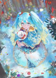Rule 34 | 1girl, absurdres, aqua eyes, aqua hair, blue eyes, blue hair, bow, closed mouth, commentary request, dress, from above, green hair, hair between eyes, hair bow, hair ornament, hatsune miku, highres, holding, holding toy, lips, long hair, long sleeves, looking at viewer, outdoors, red bow, rsef, snow, solo, standing, stuffed animal, stuffed toy, toy, twintails, very long hair, vocaloid, wide sleeves, winter, winter clothes, yuki miku
