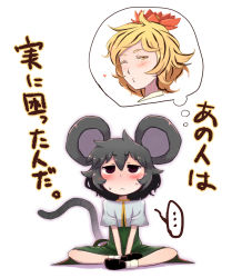 Rule 34 | ..., 2girls, :&lt;, animal ears, blonde hair, blush, daitai konna kanji, face, female focus, gradient background, grey hair, hair ornament, highres, looking up, mouse ears, mouse tail, multiple girls, nazrin, short hair, tail, thought bubble, toramaru shou, touhou, translation request, v arms, yellow eyes