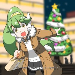 Rule 34 | 1girl, :d, absurdres, bag, black pantyhose, black shirt, black skirt, blurry, blurry background, breasts, brown coat, building, christmas, christmas ornaments, christmas tree, coat, collared shirt, depth of field, fujishiro nekomata, fur-trimmed coat, fur trim, green hair, hair between eyes, high ponytail, highres, holding strap, leaning forward, long hair, long sleeves, looking at viewer, night, open clothes, open coat, open mouth, original, outdoors, pantyhose, pleated skirt, pointing, ponytail, robot ears, shirt, short eyebrows, shoulder bag, silhouette, skirt, small breasts, smile, solo, sweater, thick eyebrows, translation request, very long hair, white sweater, yellow eyes