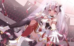 Rule 34 | 1girl, gloves, highres, hololive, horns, keesuke (kkosyoku), long hair, looking at viewer, nakiri ayame, red eyes, scenery, smile, solo, twintails, virtual youtuber, white gloves, white hair