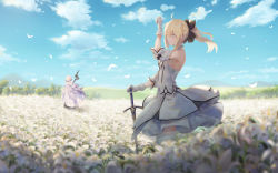 Rule 34 | 2girls, absurdres, artoria pendragon (fate), bad id, bad pixiv id, black bow, blonde hair, bow, caliburn (fate), day, dress, fate/grand order, fate (series), flower, gloves, hand on hilt, highres, huge filesize, looking away, merlin (fate), multiple girls, outdoors, pigone, saber lily, short hair, short ponytail, sword, thighhighs, weapon, white dress, white gloves, white legwear
