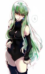 Rule 34 | &gt;:), 10s, 1girl, artist name, bare shoulders, black thighhighs, breasts, c.c., code geass, cosplay, covered navel, creayus, detached sleeves, earrings, elizabeth liones, elizabeth liones (cosplay), evil smile, glowing, green hair, hands on own hips, head tilt, jewelry, latex, leotard, long hair, long sleeves, looking at viewer, nanatsu no taizai, parted lips, sidelocks, simple background, skin tight, smile, solo, speech bubble, spoken object, taut clothes, thighhighs, tsurime, v-shaped eyebrows, very long hair, white background, yellow eyes