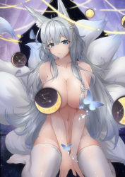 Rule 34 | 1girl, absurdres, animal ear fluff, animal ears, areola slip, azur lane, blue butterfly, blue eyes, breasts, bug, butterfly, convenient censoring, fox ears, grey hair, hair censor, highres, huge breasts, insect, kitsune, kyuubi, large tail, long hair, looking at viewer, moon phases, multiple tails, nude, on floor, seiza, shinano (azur lane), sitting, solo, tail, thighhighs, v arms, white tail, white thighhighs, zhuang yu pizza
